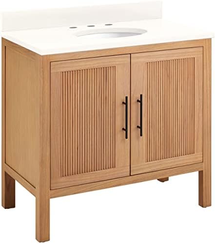 Signature Hardware 481765 Ayanna 36" Free Standing Single Vanity Set with Mindi Wood Cabinet, Vanity Top and Oval Undermount Vitreous China Sink - 8" Faucet Holes - Natural Mindi/Arctic White