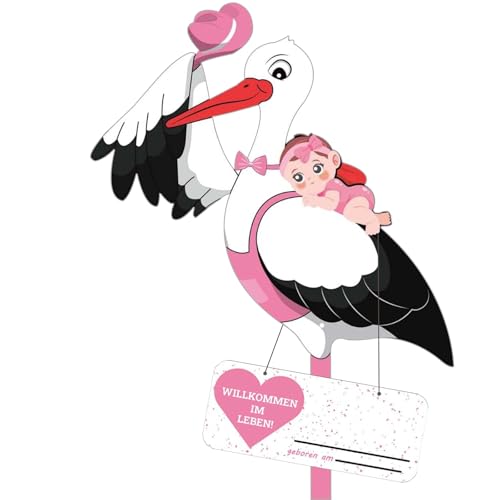 Klapperstorch Baby Rosa Klapperstorch zur Geburt Draußen Storch Geburt für Draussen Mädchen Großer Storch aus Holz Beidseitig bedruckt Geburtsstorch inkl Holzstab+ Namensschild Grußkarte