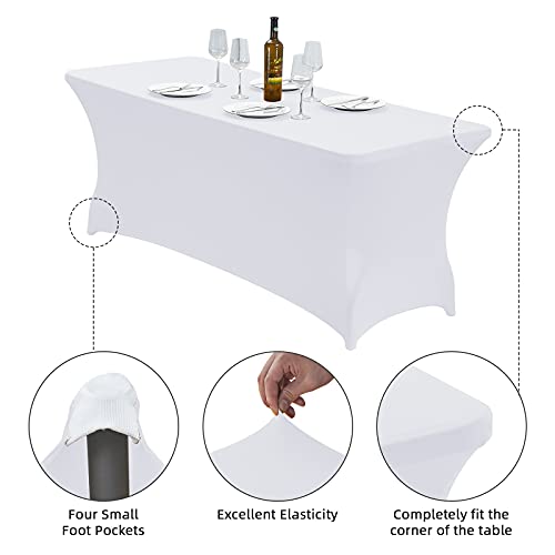 Cwk 6Ft Stretch Spandex Table Cover For Rectangular Fitted Folding Tables, Wrinkle Resistant, Elastic Stretchable Patio Tablecloth Protector For Party, Banquet, Wedding And Events (White) #TOP3