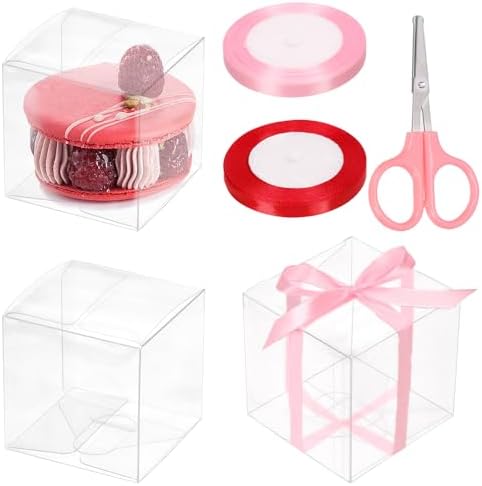 Swpeet 33Pcs 3.15" × 3.15" × 3.15" Plastic Clear Favor Boxes with Ribbons Scissors Kit, Small Gift Boxes Transparent Cube PET Boxes Treat Boxes for Wedding Birthday Baby Shower