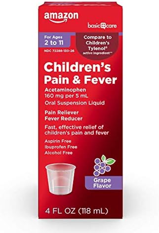 Amazon Basic Care Children's Pain & Fever Oral Suspension Acetaminophen 160 mg per 5 mL, Grape Flavor, Fast, Effective Pain Reliever and Fever Reducer for Children, 4 Fluid Ounces