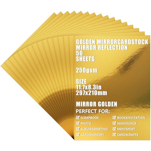 ASelected 50 Sheets Gold Mirror Card A4 250gsm/92Ib Metallic for Arts and Crafts, Mirror Foil Activity, DIY Projects Wedding Birthday Party Decoration