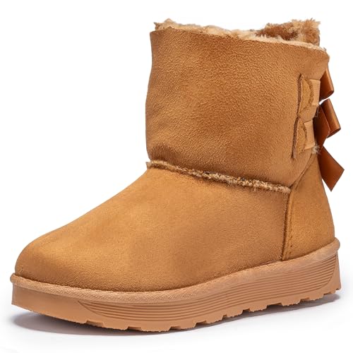 Xelay Kids Girls Snow Boots Fur Lined Warm Cozy Anti-Slip Flat Winter Ankle Booties | Suitable for Little Kids Size (Camel, UK Footwear Size System, Little Kid, Women, Numeric, Medium, 1)