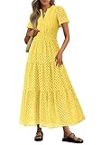 PRETTYGARDEN Womens 2025 Summer Maxi Dress Short Sleeve V Neck Hollow Out Eyelet A Line Long Flowy Beach Vacation Dresses (Yellow,X-Large)