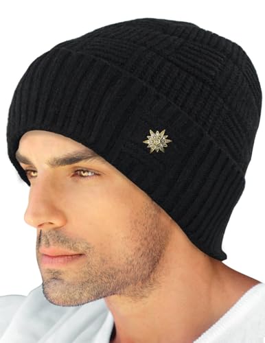Dahlia Men's Beanies - Wool, Knit Winter Hat, Fleece Lined, Basketweave, Black