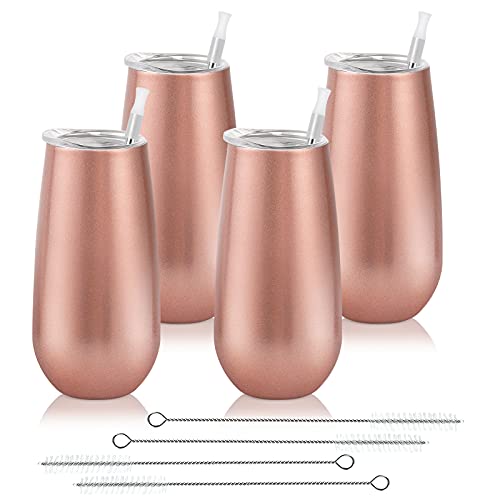 4 Pack Stemless Tumbler, Insulated Champagne Glass 6 Oz Reusable Toasting Glasses with Lid, Stemless...