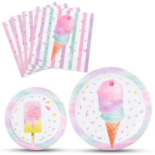 Serviettes et assiettes de fête de crème glacée pour fille 48PCS