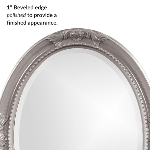 Image of Howard Elliott Collection Queen Ann Oval Glossy Nickel Wall Mirror, Oval Bevelled Hanging Wood Framed Vanity Mirrors for Home Decor, Living Room, Bathroom, Bedroom, or Hallway, 25 x 33 Inch