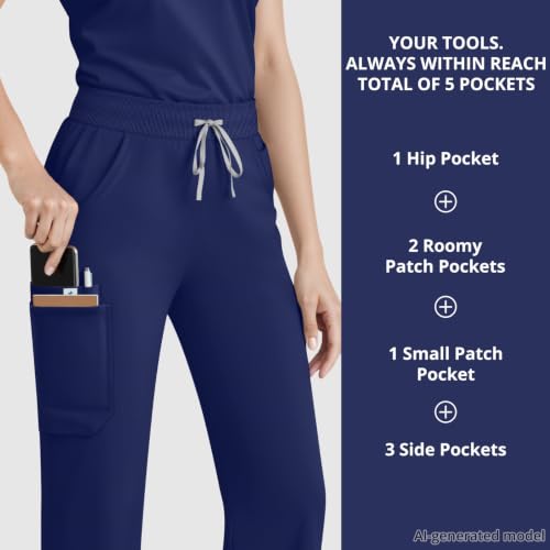 Image of Women's 7-Pocket Scrub Pants - Straight Leg, Mid-Rise, Drawstring | Soft stretch knit Mid-rise drawstring Side slits Wrinkle-resistant Machine washable For nurses /doctors /vets