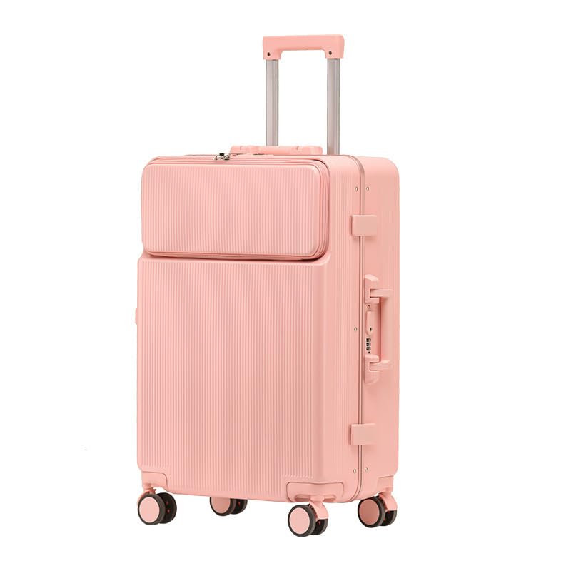 Maleta con portavasos de gama alta, marco de aluminio de 24 pulgadas, resistente y duradera, con ruedas giratorias, funda de viaje (rosa, 20 pulgadas)