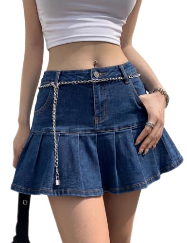 Dqbeng Women's Pleated Denim Mini Skirt Casual A-Line Short Jean