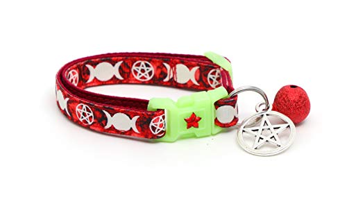 Wicca Cat Collar with Occult Charm & Bell | Witch’s Familiar Cat Collar | Witch Kitten Collar Charms | Glow in The Dark | Safety Breakaway Collar (Small(10lbs & Less), Ruby)