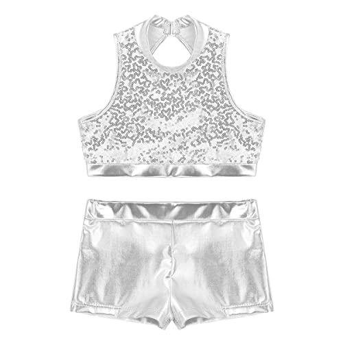 Girls Sequins Dance Outfit 2 Piece Cutout Back Crop Top with Booty Shorts for Gymnastics/Dance/Workout3