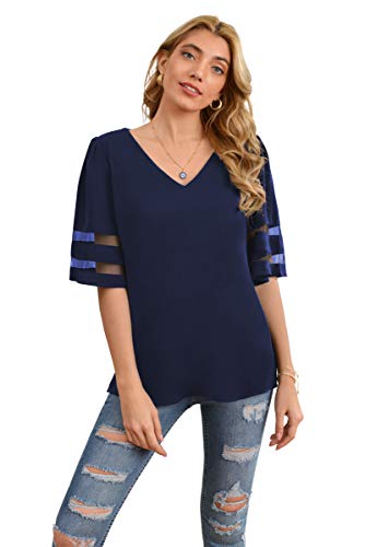 Jouica Women's Casual Sweet & Cute Loose Shirt Bell Sleeve V-Neck Blouse Top,Navy Blue,Medium #TOP3