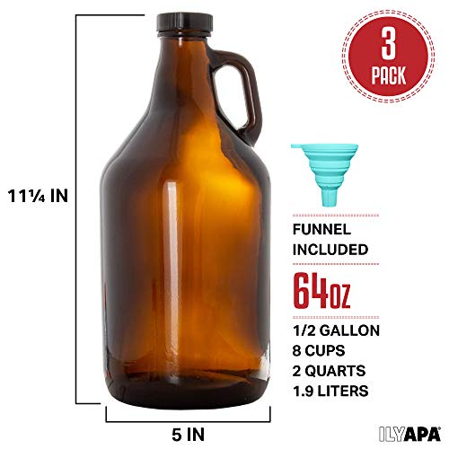 Ilyapa Amber Glass Growlers For Beer, 3 Pack - 64 Oz Half Gallon Jug Set With Lids - Great For Home Brewing, Kombucha, Cider & More #TOP1