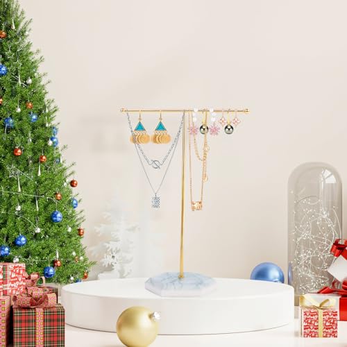 Minicoco Jewellery Organiser Stand Metal T-Bar Jewelry Stand Necklace Display Stand Earrings Display Holder Hanging Pendant Rack with Marble Pattern Round Tray for Bracelets Rings Keys (Gold + White)