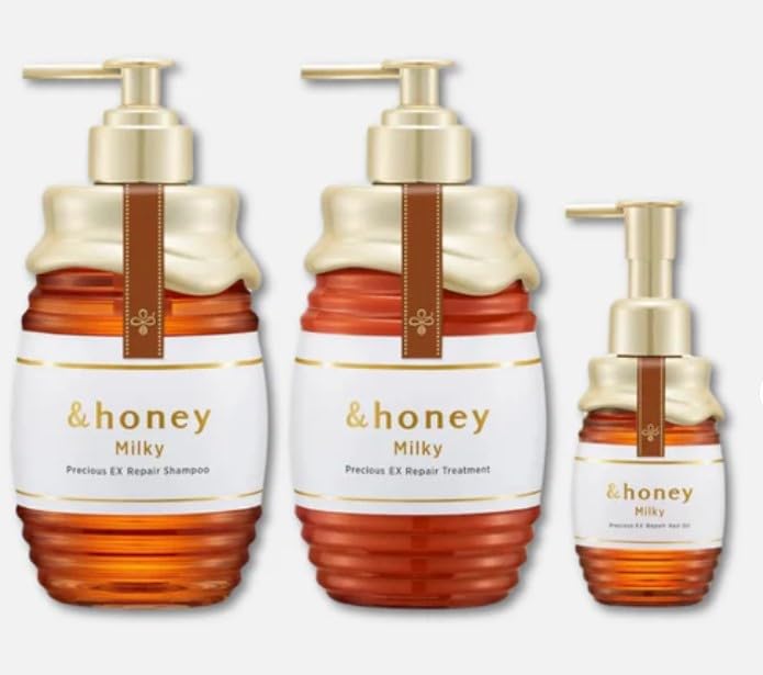 & Honey Milky Precious EX Repair Shampoo, Treatment & Hair Oil Set, 440ml Each + 100ml