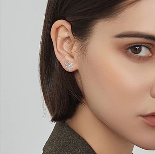 Christmas Gifts 6 Cz Earrings For Women | Snowflake Round Cubic Zirconia Earrings Cz Studs | Hypoallergenic Piercing Cartilage Jewelry Christmas Birthday Gifts For Ladies Girls Silver Color #TOP5