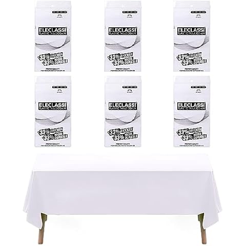 White 6 Pack Premium Disposable Plastic Tablecloth 54 x 108 In - Plastic Table Cloths for Parties Disposable Tablecloth for Rectangle Table Up To 8 Ft - Rectangle Tablecloth - White Plastic Tablecloth Cover