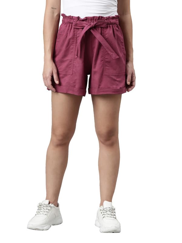 Image of GO COLORS Women Solid High Rise Relaxed Fit Linen Shorts