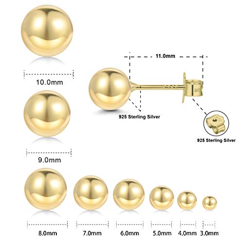 18K Gold Plated Sterling Silver Ball Stud Earrings 3mm-10mm Options, Simple Polished Ball Studs Hypoallergenic Jewelry2