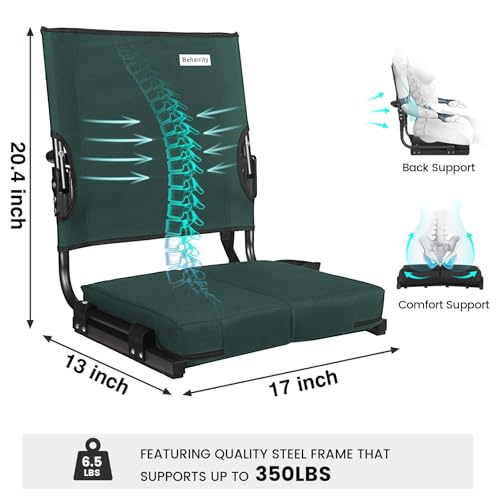 behairity Portable Stadium Seat for Bleachers with Back Support, Wide Padded Bleacher Chair with High Back and Thick Cushion for Adults, Folding Stadium Chair for Football Sports Events (Green)