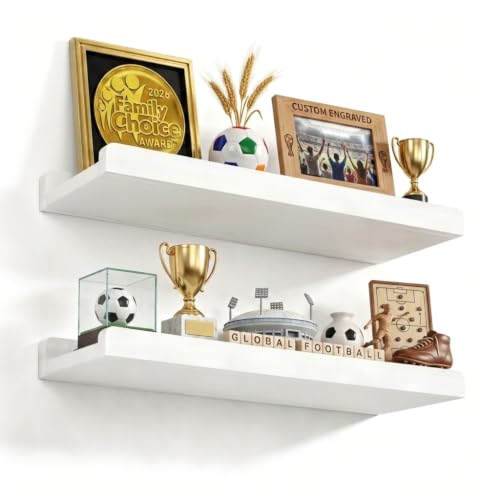 Love-KANKEI Floating Shelves Wall Mounted Set of 2, 17 Inch Rustic Wood Wall Shelves for Storage, Bedroom Living Room Bathroom Kitchen Office and More White