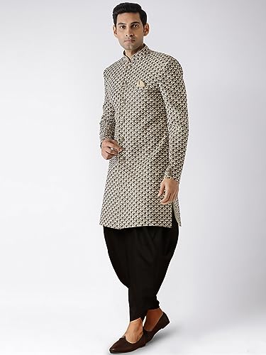 Image of KISAH Men's Indo-Western Sherwani, Peach Cotton Blend, Foil Print Regular Fit Mandarin Collar Long Sleeves