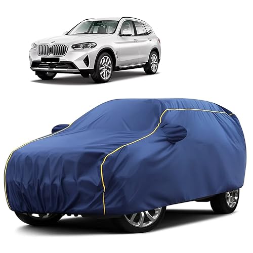 Image of Sulfar 100% Water Resistant Car Body Cover Compatible with Mirror for BMW X3 (Triple Stitched, Full Bottom Elastic, Blue Taffeta with Yellow Piping)