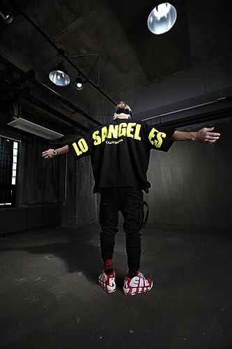 Image of THALASI Urban Vibes Men's Black Oversized T-Shirt | Los Angeles Print T-Shirt for Men |Back Print T-Shirt for Men | Relaxed Baggy Fit | Round Neck & Half Sleeve