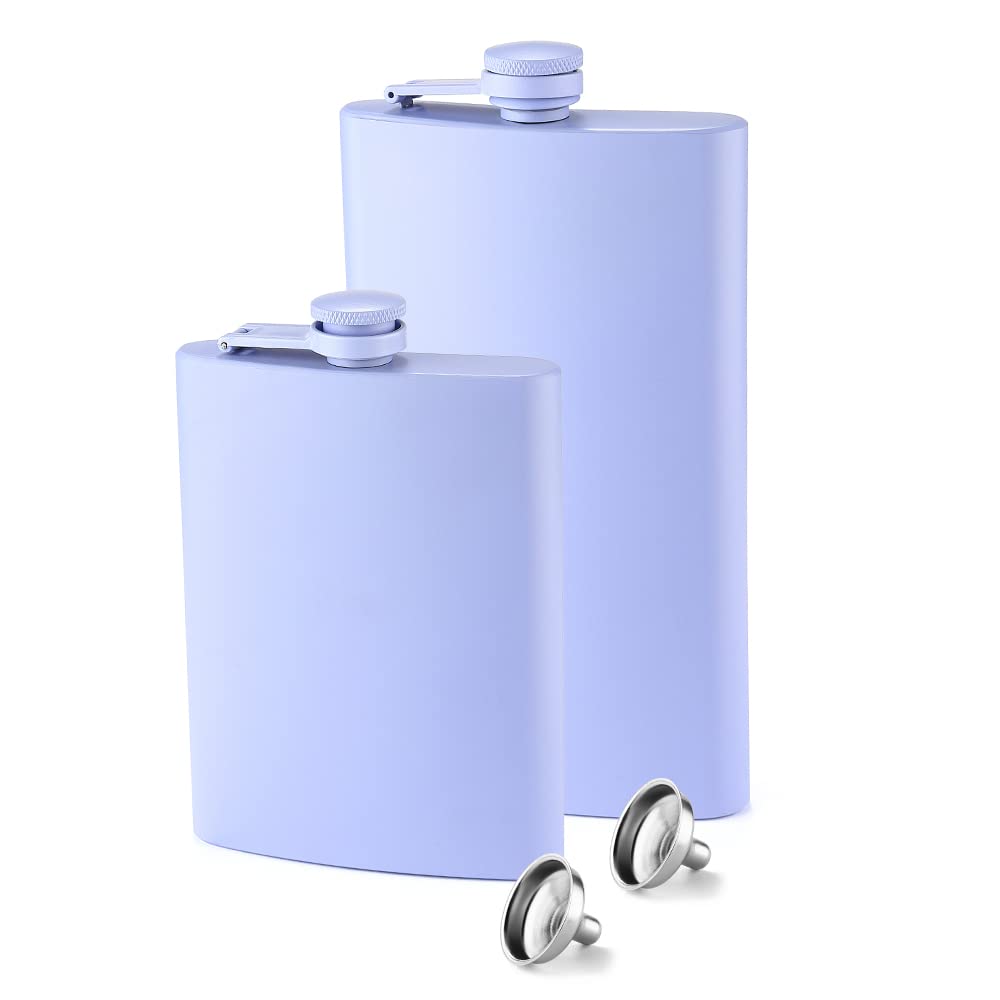 YFS 2 Pack Hip Flasks for Liquor, 8 Oz & 12 Oz Matte Purple Stainless Steel Leakproof Flasks with Funnel