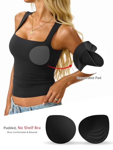 Womens Padded Tank Tops Double Lined Built in Bra Sleeveless Top Square Neck Slim Fitted Summer T Shirts 20252