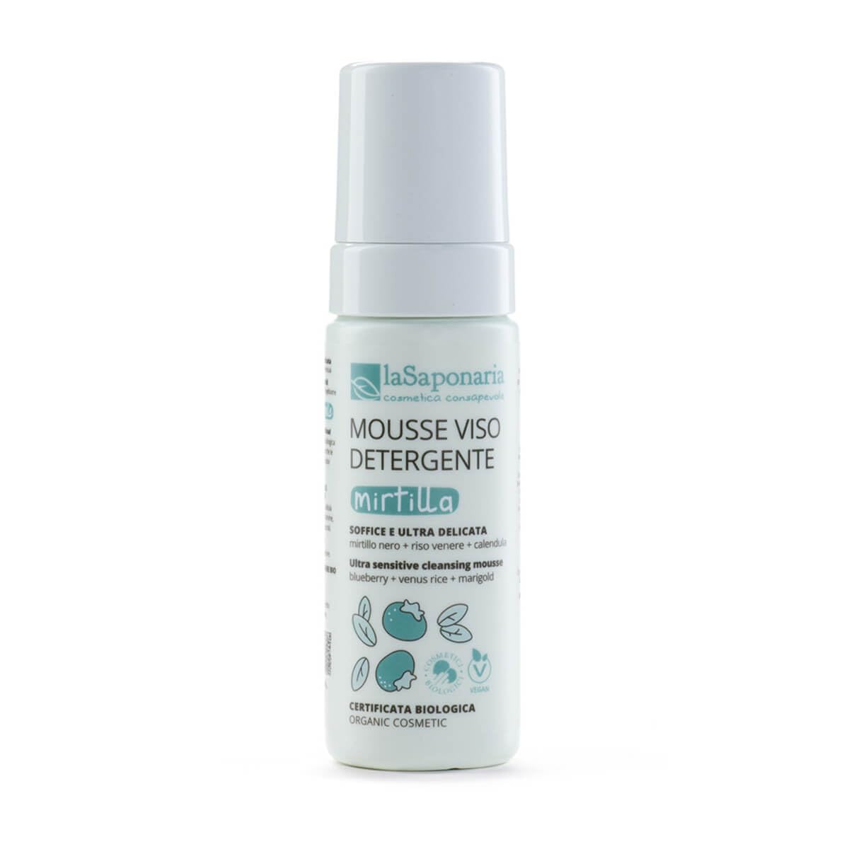 La Saponaria | Mousse detergente bio viso Mirtilla, Ingredienti naturali e sostenibili, Acqua costituzionale di Mirtillo nero, rigenerante e antiossidante, Acido Ialuronico, Calendula, 150ml