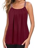 MANER Plus Size Tank Tops for Women Casual Pleated Chiffon Cami with Beaded Strap Blouses (Burgundy, XXL/US 18-20)