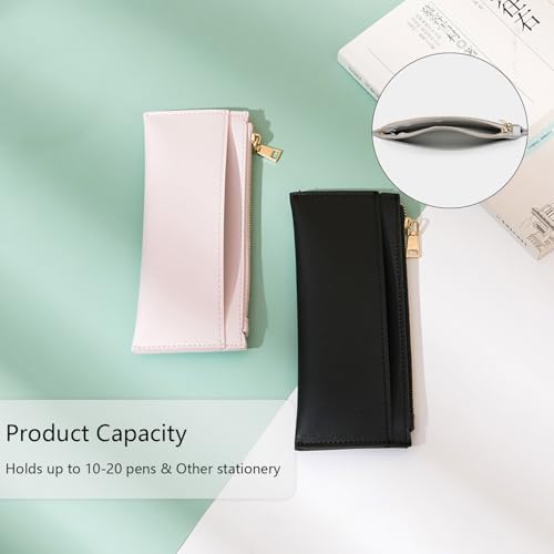 Image of Pencil Pouch for Teens School Office Supplies Pencil Case Cosmetic Bag Zipper (Black,Faux leather)
