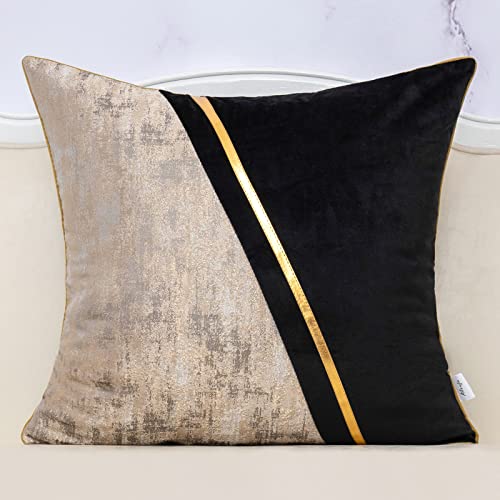 Alerfa 18 x 18 Inch Black Beige Gold Leather Patchwork Velvet & Polyester Cushion Case Luxury Modern Square Throw Pillow Cover Decorative Pillow for Couch Sofa Living Room Bedroom Car 45 x 45cm