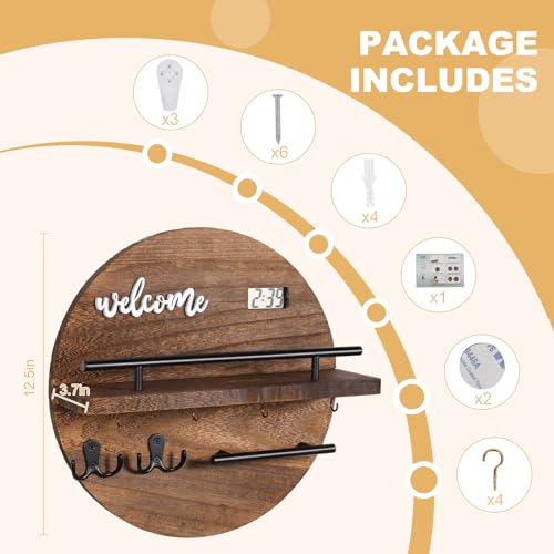 Key-Holder-for-Wall-Key-and-Mail-Holder-Organizer-with-Key-Holder-Wall-Mount-Round-Wooden-Rustic-Home-Decor-for-Entryway-Mudroom-Hallway-Kitchen-Office-Brown
