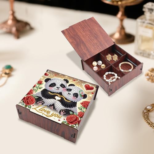 Image of DIY Diamond Art Storage Box with Flip-Top Lid, Happy Panda Design Wooden Diamond Painting Organizer with 4 Divided Compartments, Portable Desktop Craft Storage Basket for Accessories and Supplies