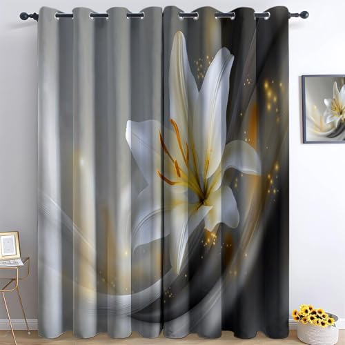 Lujo Elegante Cortinas Aislantes Termicas Lirios Estrellas 140An x 260Al cm 2 Piezas, Blanco 3D Cortinas Opacas con Ojales para Habitacion Y Dormitorio Sala Infantiles Oficina Poliéster Cortina