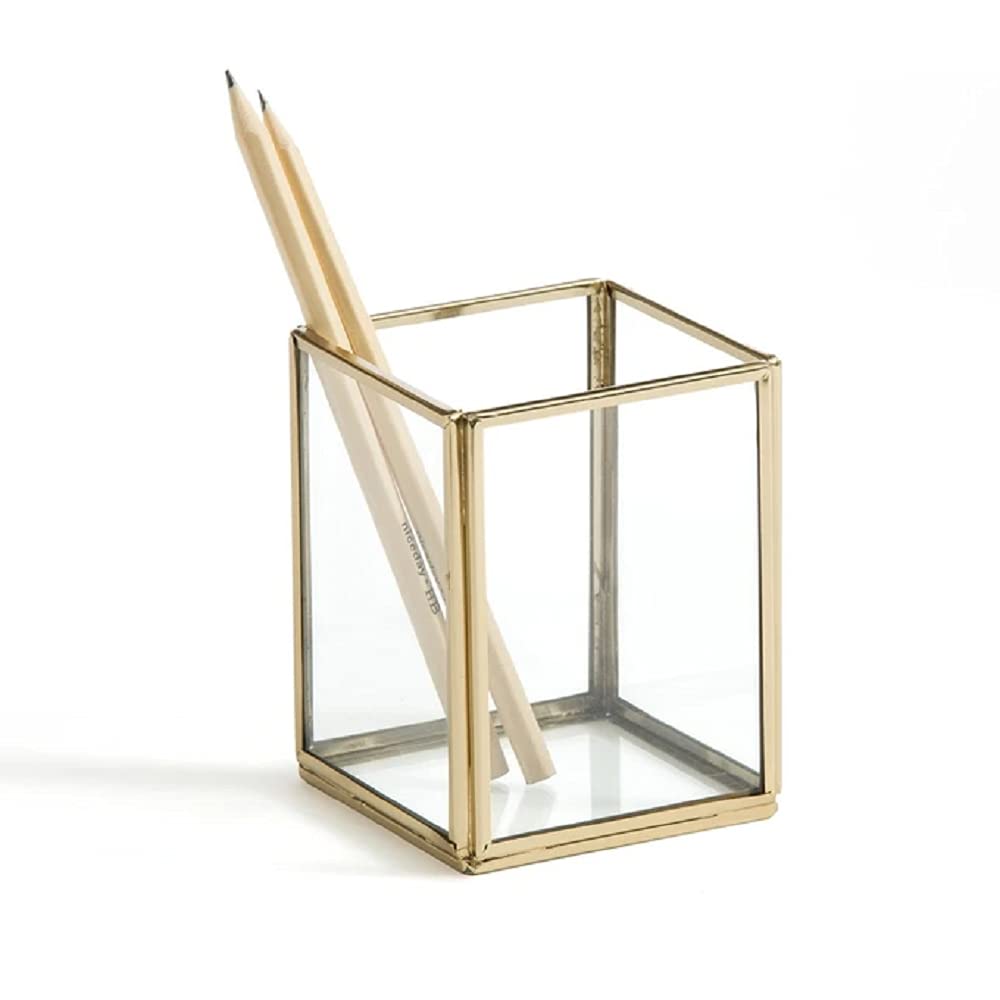 ARTINCO Art India Collections Brass Glass Golden T-Light Holder Votive For Diwali Decoration 3X3X4 Inch, Cosmetic Display Cases