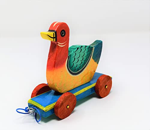 Image of A&A Kreative Box Wooden Pull Along Toy Encourage Walking, Build Gross Motor Skills and Hand-Eye Coordination Handcrafted by Indian Artisans for Kids Toddlers (Duck)