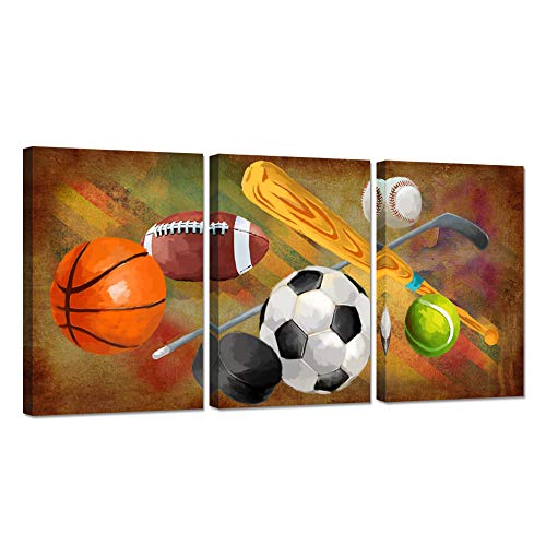 ZingArts 3 Pieces Sports Canvas Wall Art Rustic Soccer Football Baseball Basketball Sports Themed Artwork on Vintage Colorful Background Stretched and Framed For Home Kids Room Decor Ready To Hang