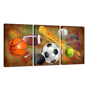 Zlove 3 Pieces Sports Canvas Wall Art Rustic Soccer Football Baseball Basketball Sports Themed Artwork for Home Kids Room Decor Ready To Hang