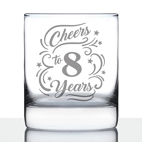 Cheers to 8 Years - Whiskey Rocks Glass Gifts for Women & Men - 8th Anniversary Party Decor - 10.25 Oz Glasses