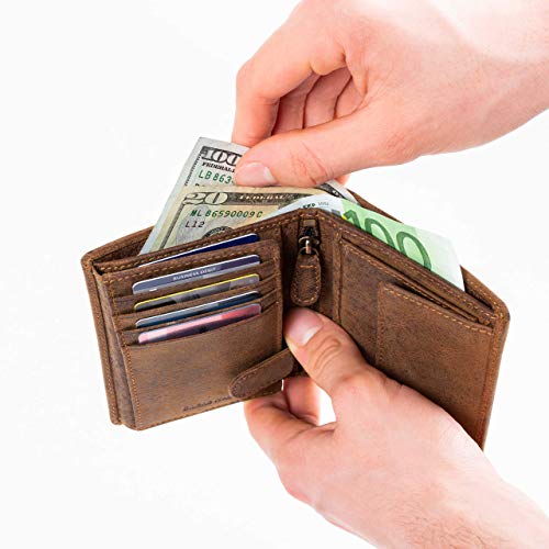Mens Full Size Large Capacity Genuine Full Grain Leather Wallet Bifold Flip ID Coin & Zip Pockets RFID Blocking Anti-Theft (Dark Hunter Brown)3