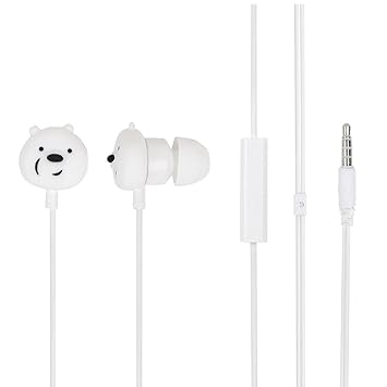 MINISO We Bare Bears in-Ear Headphones with Microphone, Comfortable Earbuds Cute Earphones for Mobile Smartphones Apple Xiaomi Realme Oppo Samsung - White