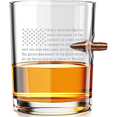 2nd Amendment American Flag - .308 Real Solid Copper Projectile Hand Blown Old Fashioned Whiskey Rocks Glass Cover