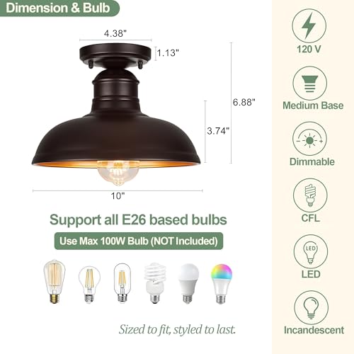 Image of GOLDHILL 10 inch Semi Flush Mount Ceiling Light, Oil Rubbed Bronze Industrial Barn Shade with Gold Interior, 1-Light Bowl Fixture for Kitchen Island, Hallway and Covered Porch