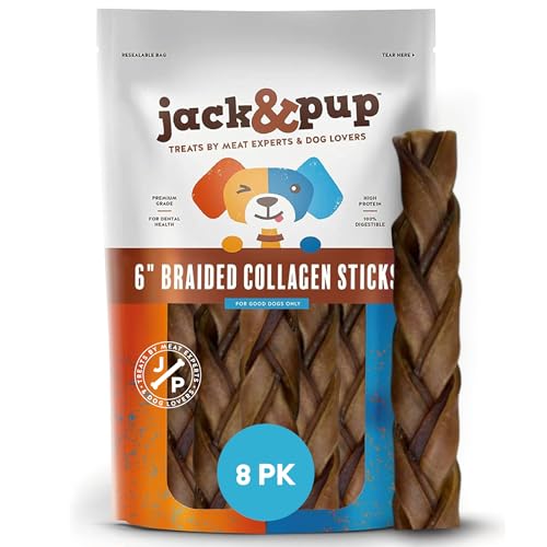 Jack&Pup 6 Braided Beef Collagen Sticks for Dogs | Rawhide Free Dog Chews Long Lasting | Single Ingredient Healthy Dog Treats for Medium Dogs | Bully Stick Alternative (8 Pack)