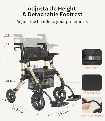 VOCIC Walkers-for-Seniors, Rollator-Walker-with-Seat, Transport-Wheelchair-Lightweight-Foldable, Adult Rolling Walker, Rollator Transport Chair with Brakes, 2 in 1 Walker Wheelchair Combo Z51 - Thumbnail 6